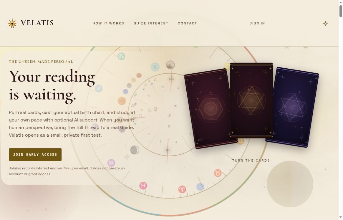 Velatis public landing page with layered cards, chart artwork and editorial interface.